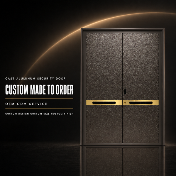 Modern Bronze Hammered Cast Aluminum Double Front Door with Polished Gold Band for Corporate Campus