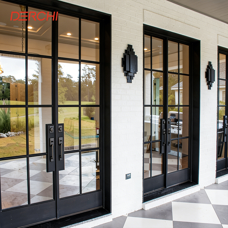 DERCHI NFRC USA Project Hurricane Proof Exterior Doors Outdoor Entry Patio Double Glazed French Glass Aluminium Door