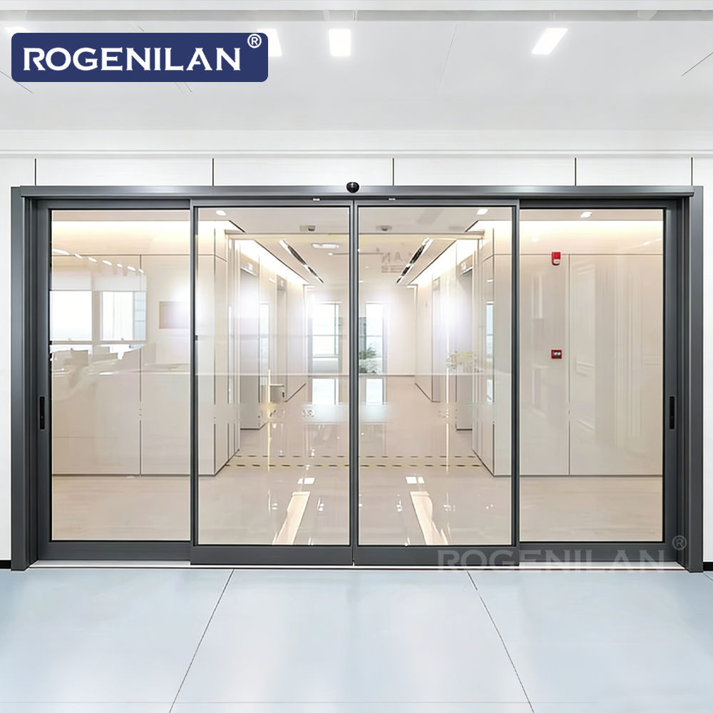 Waterproof Supermarket Storefront Shop Black Double Glaze Aluminum Automatic Entry Exterior Commercial Sliding Door Prices