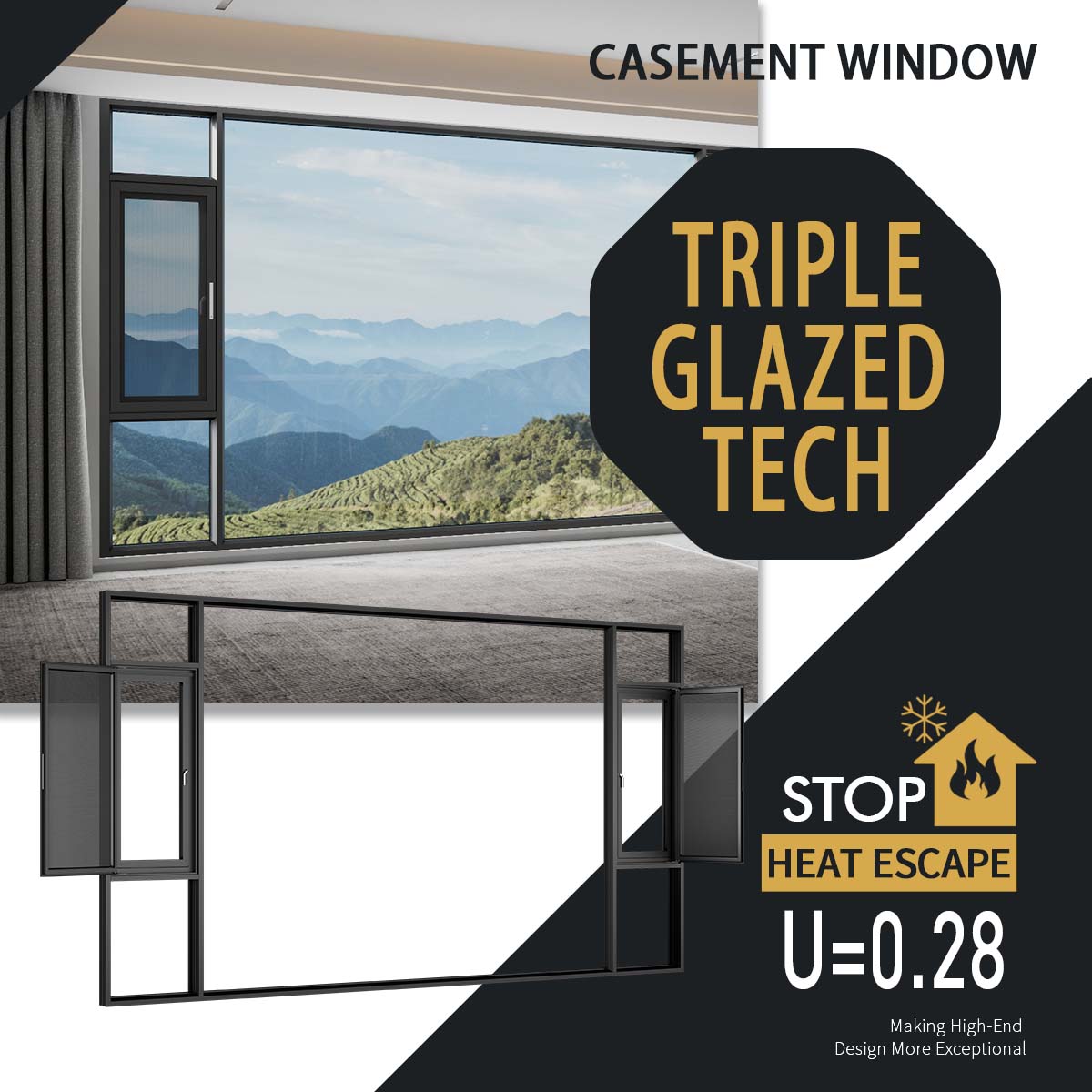 Wazzor Hurricane Proof High Impact Black Aluminum Alloy Low-E Glass Aluminium Windows And Doors Casement Window S For USA
