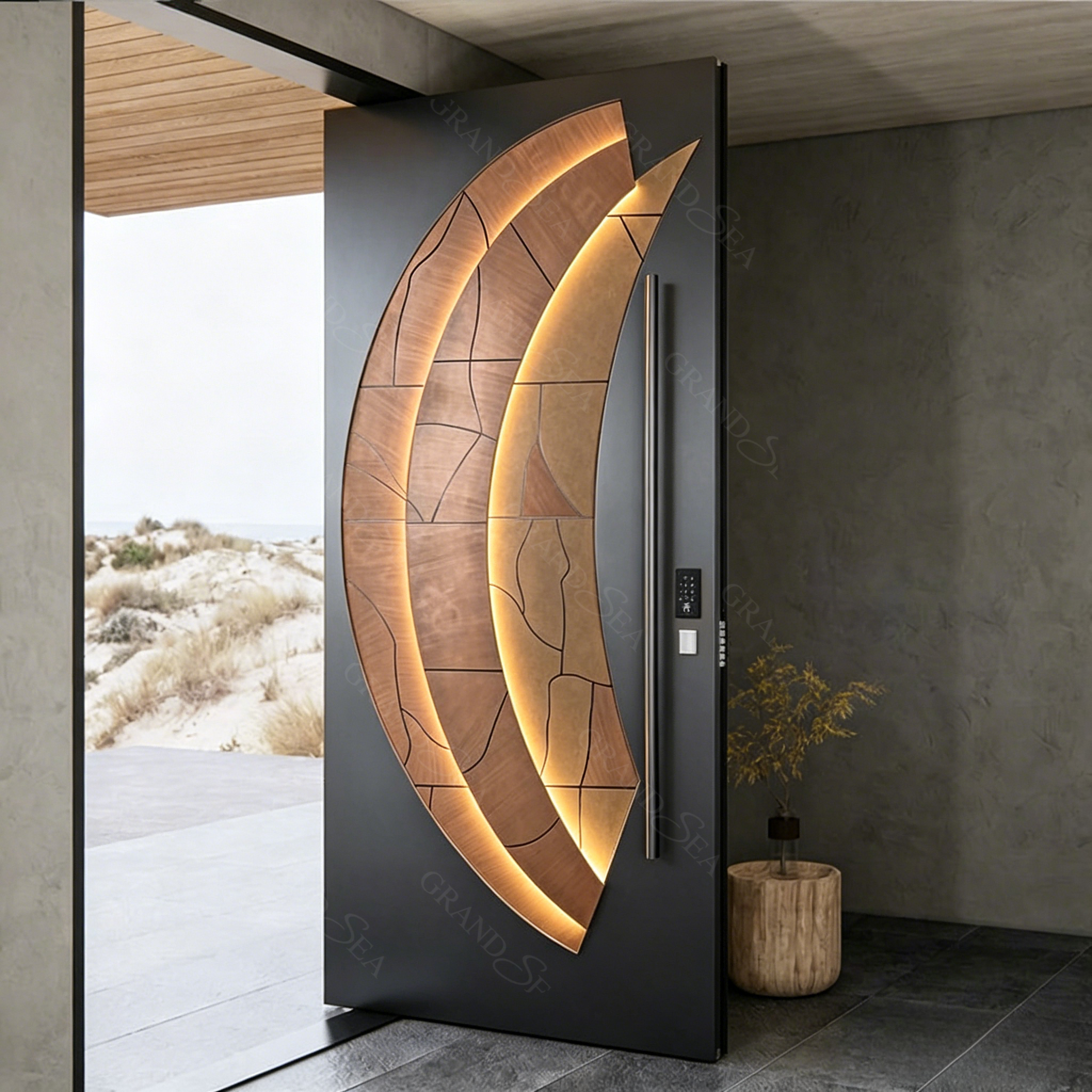 Luxury Custom Blue LED Lit Aluminum Pivot Entry Door Black Stainless Steel Big Entrance Doors