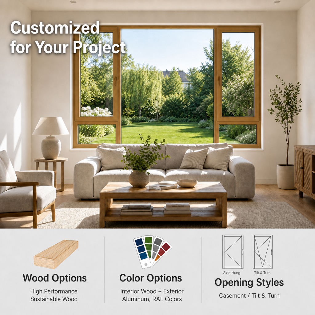 Modern Wood Aluminum Window Casement Fireproof Anti-Theft Double Glazed Insulated Glass CSA Certified For Office