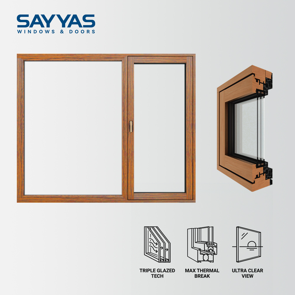 Sayyas P135 Passive House Uw 0.8 Fixed Quadruple Glazed Aluminum Clad Wood Casement Windows for Houses Luxury Villa Project