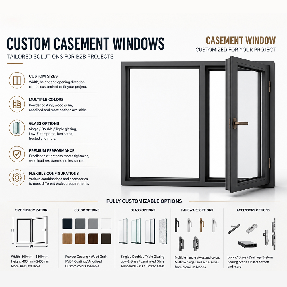 Custom Aluminum Casement Windows Double Glazed Energy Efficient for Modern Single Family Homes