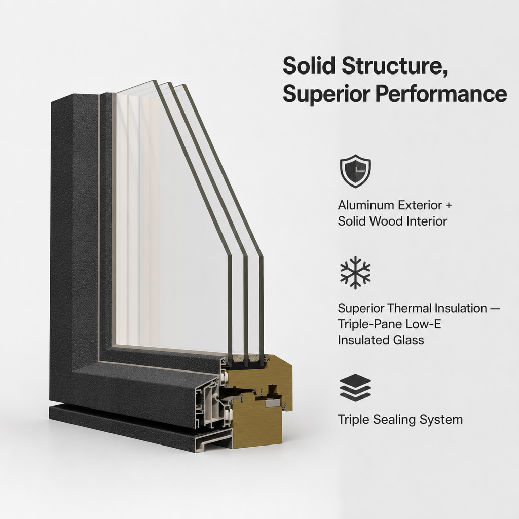 Aluminum Clad Wood Windows Mediterranean Style Triple Glazed Tempered Glass CE Certified Energy Saving for Residential Projects