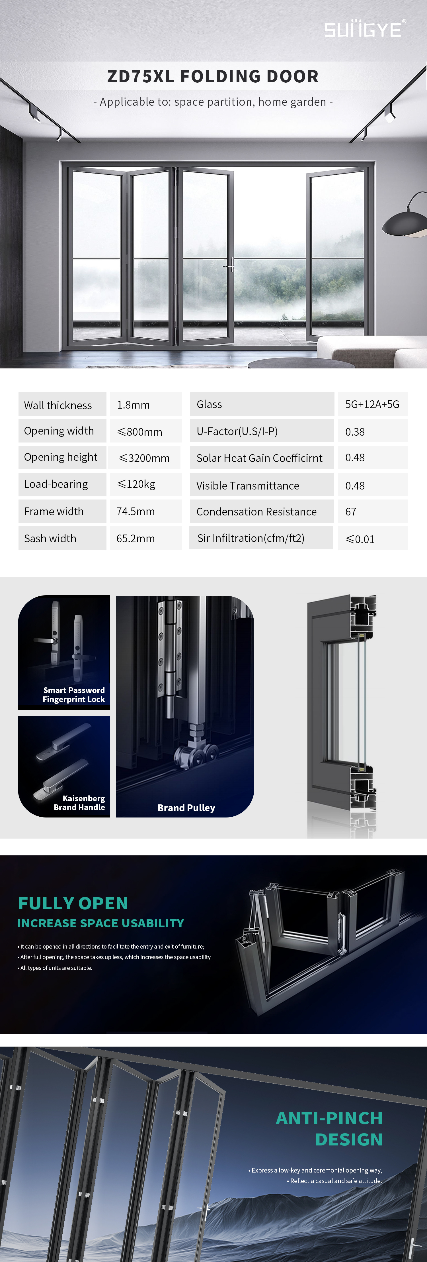 Double Tempered Glass Foldable Patio Door