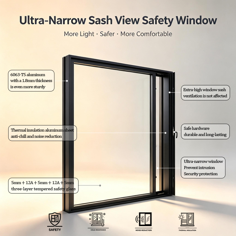 Slim Custom Sash Ultra Narrow Aluminum Micro Ventilation Window Panorama Daylight Open View for Balcony Terrace Corner Suite