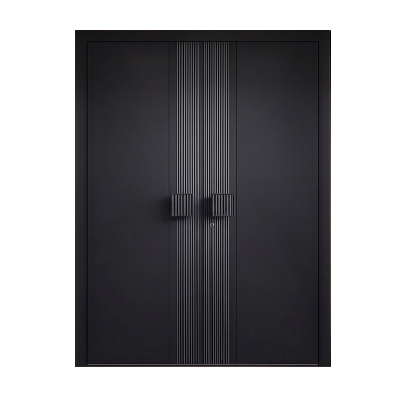 Minimalist Aluminium Front Door Matte Black Fluted Exterior Entry Door Soundproof Thermal Break for House