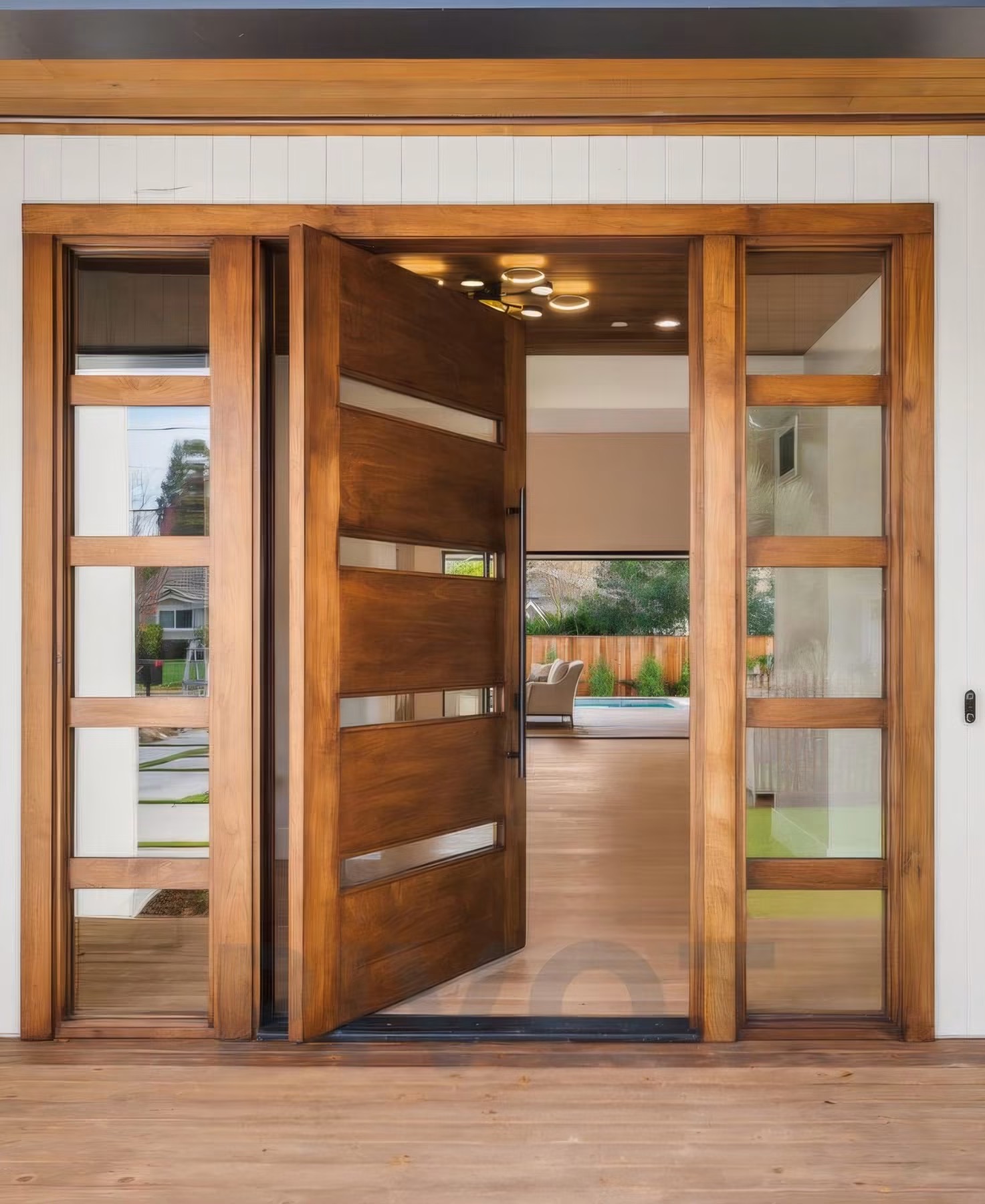 Domex Weatherproof European Aluminum Alloy Steel Wood Grain Front Entry Door Horizontal Glass Inserts Anti-Theft Swing Exterior