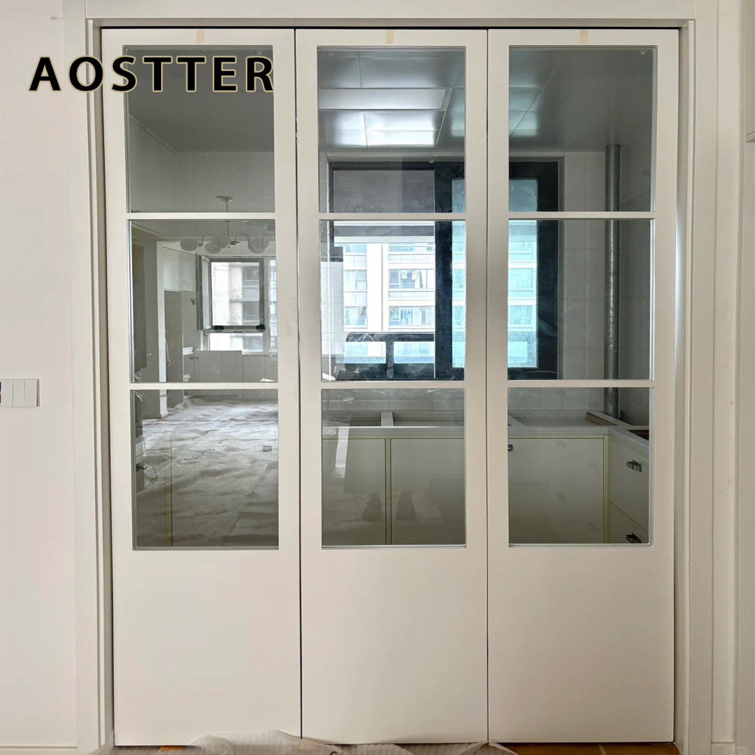 AOSTTER Clean White Extrusion Aluminum Bifold Door with Double Glazed Low-E IGU and Anti-Pinch Design for Luxury Apartment Use