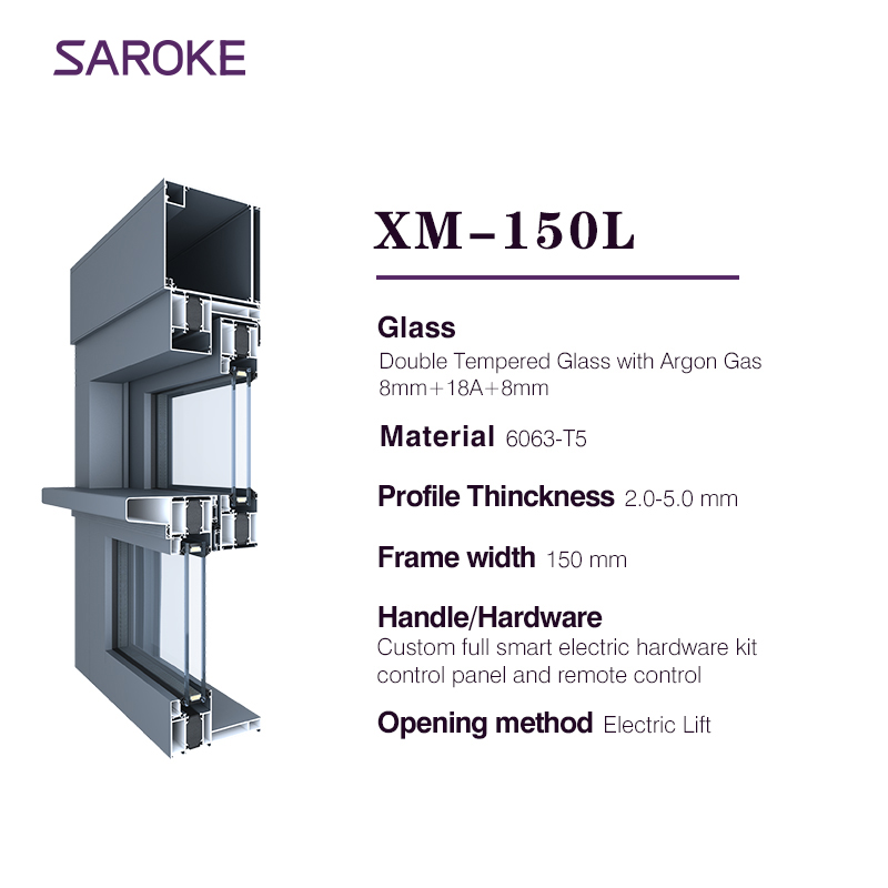 Electric Powered Thermal Break Black Terrace Large Tempered Glass Double Glazed Aluminum Lift windows