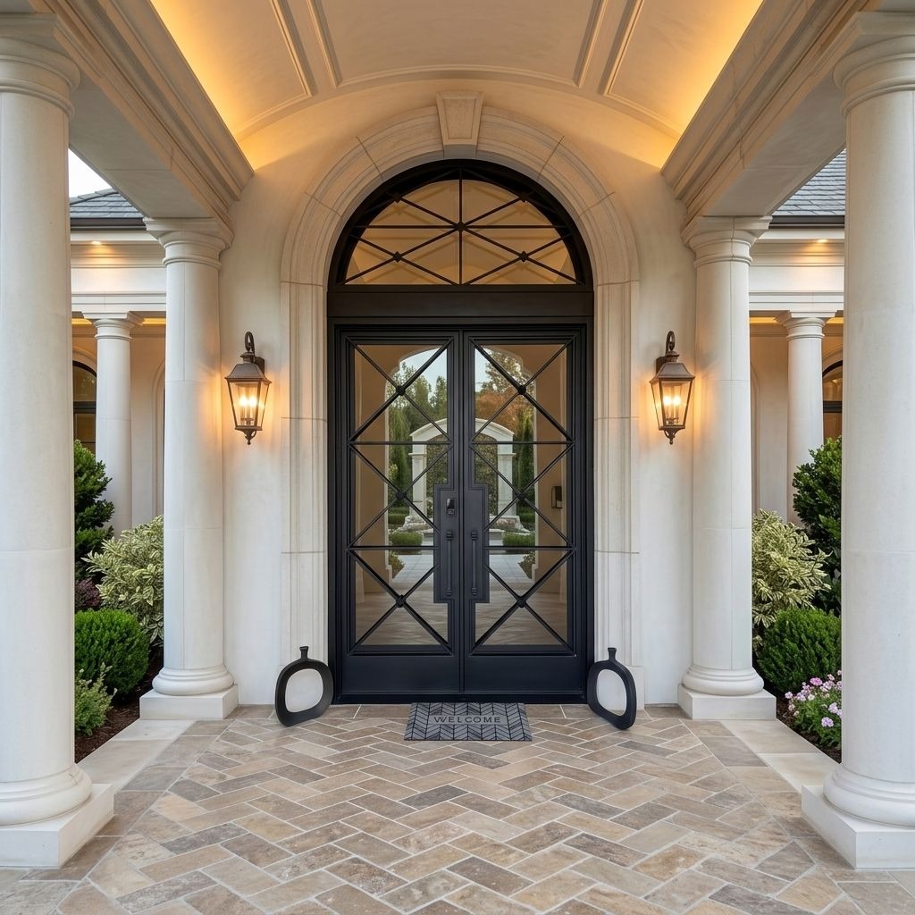 Wrought Iron Double Entry Door Round Top Tempered Glass Door