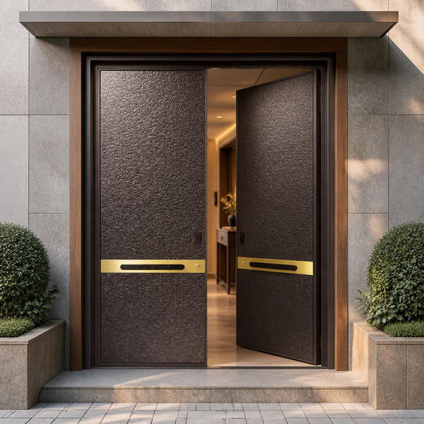 Modern Bronze Hammered Cast Aluminum Double Front Door with Polished Gold Band for Corporate Campus