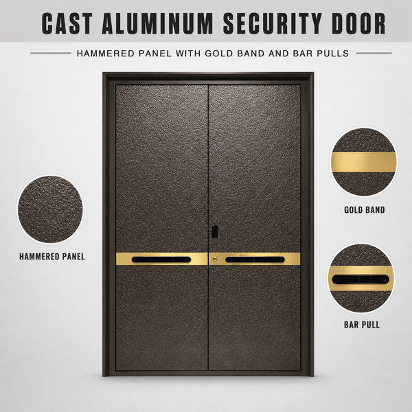 Modern Bronze Hammered Cast Aluminum Double Front Door with Polished Gold Band for Corporate Campus