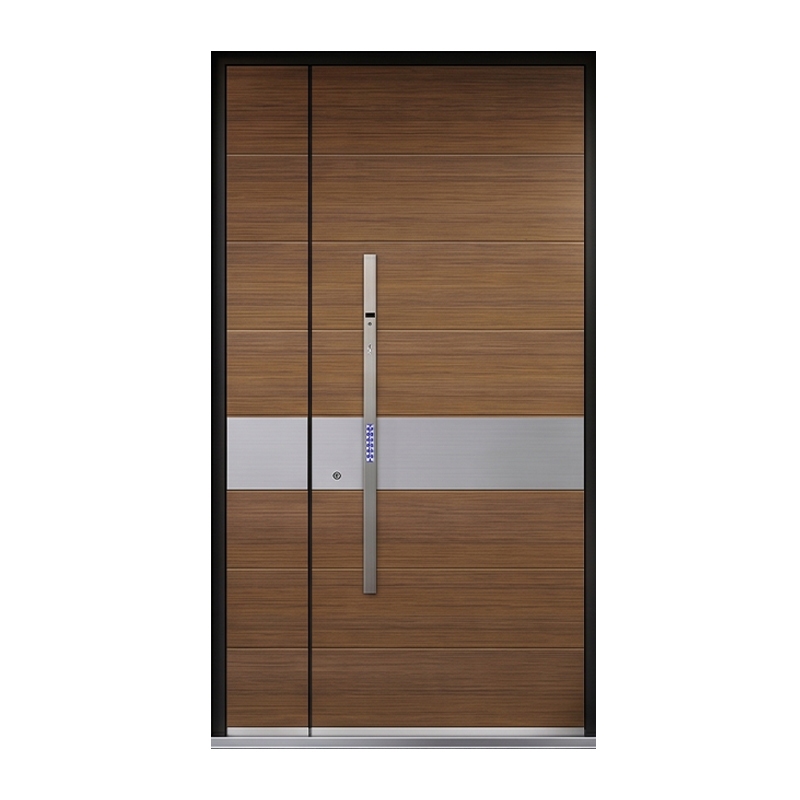 Modern Aluminum Entrance Door Walnut Wood Grain Double Front Door Brushed Metal Trim Smart Lock for Villa Home