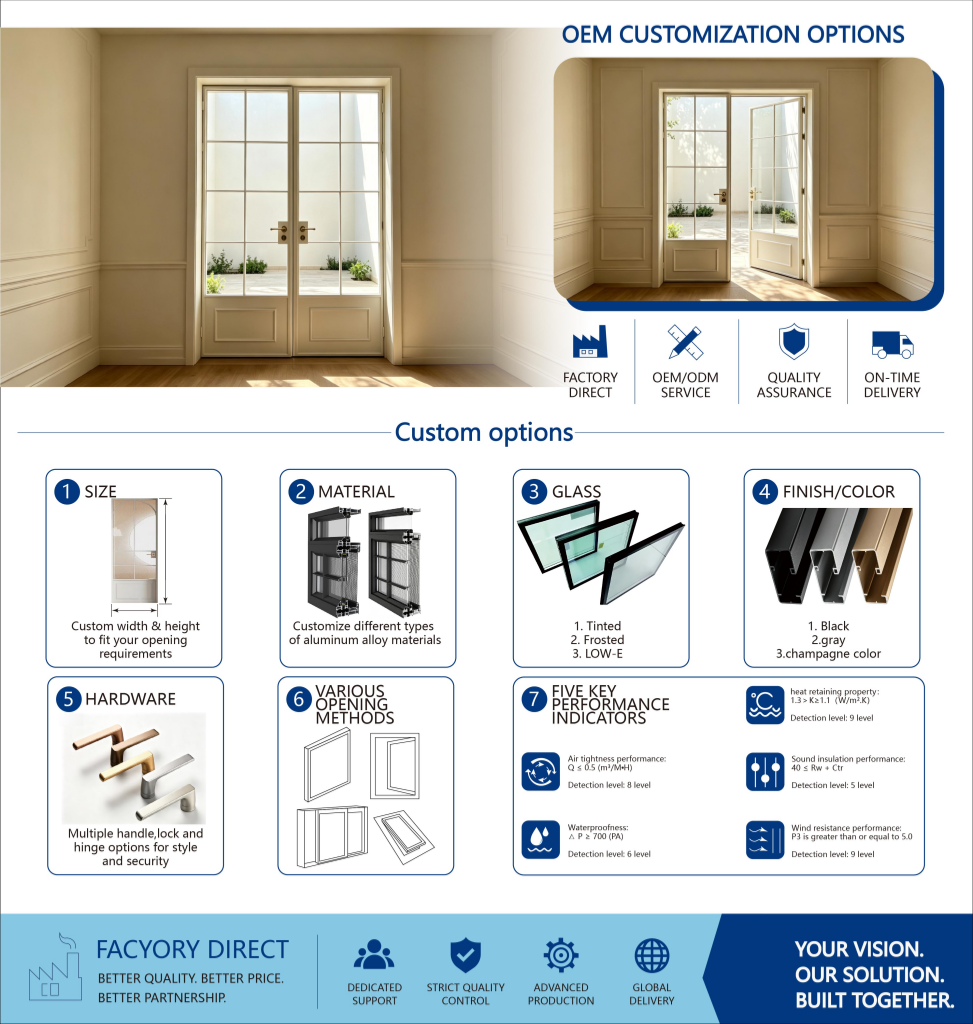 PDP Aluminum French Double Casement Door Double Tempered Glass Grille Interior/Exterior Use Waterproof Fiberglass Screen Netting