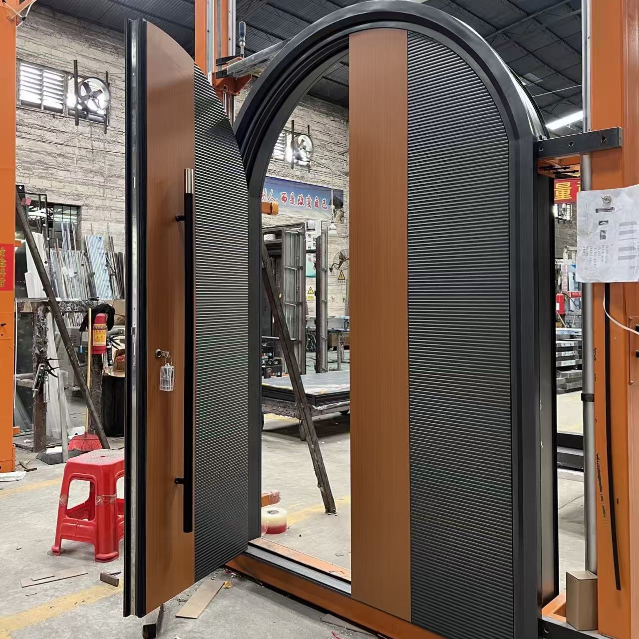 Luxury Curved Top Aluminum Alloy Swing Entrance Door With Faux Wood Grain Surface And Vertical Groove Design For Exterior Use
