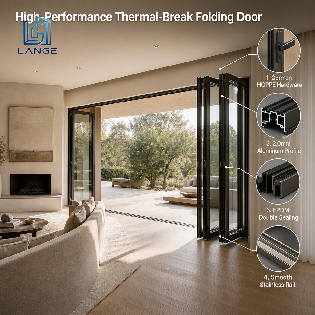 LANGE Aluminium Bifold Doors Slim Frame Full View Folding Glass Doors Windproof Energy Efficient for Villa