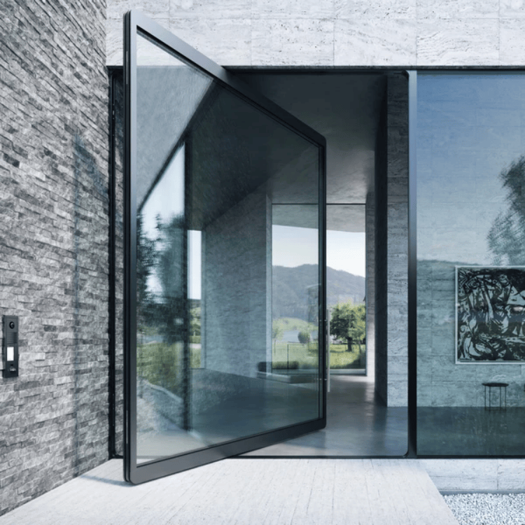 Minimalist Aluminum Clad Pivoting Doors Custom Made &amp; Sound Insulated for Modern Villa, Apartment Entry, Project Lobby