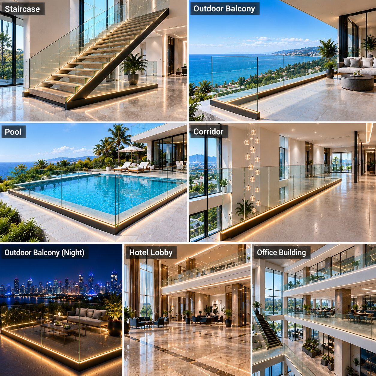 Villa Balcony Fence Frameless Glass Railing For Apartment Aluminum Glass U Channel Deck Balustrade