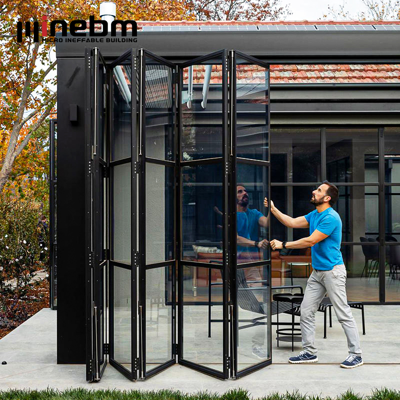 Modern Exterior Foldable Bi-Folding Glass Door with Aluminum Frame Waterproof Fiberglass Screen