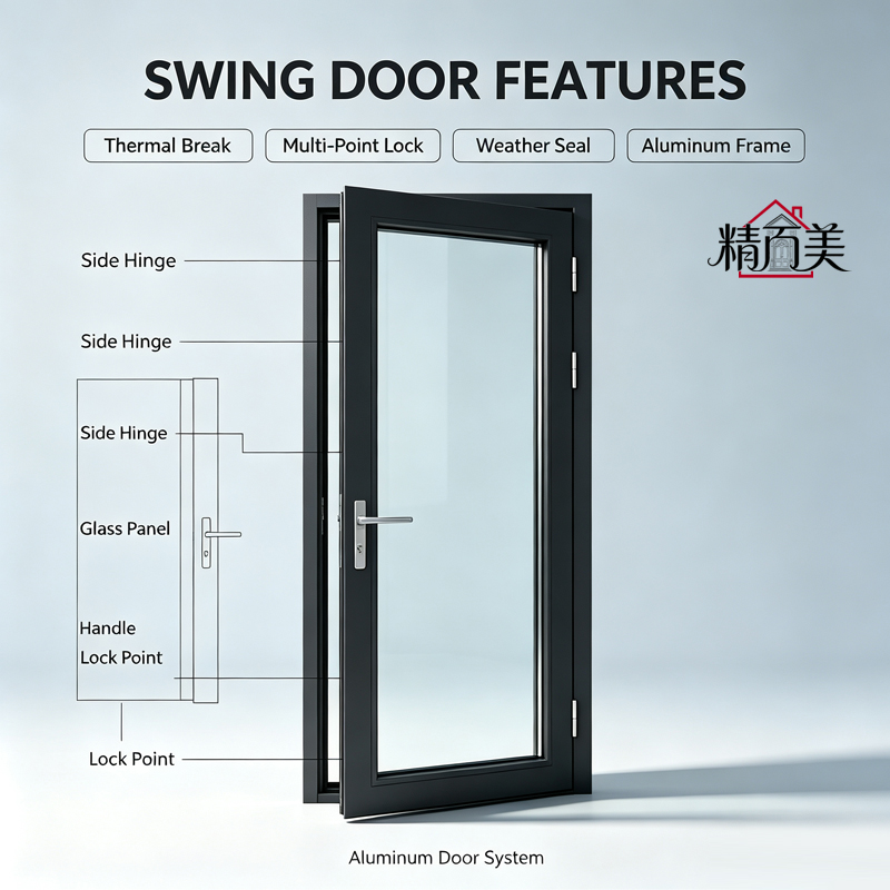 Powder Coated Energy Saving Noise Reduction Manual Control Custom Size High Security Modern Aluminium Glass Swing Door
