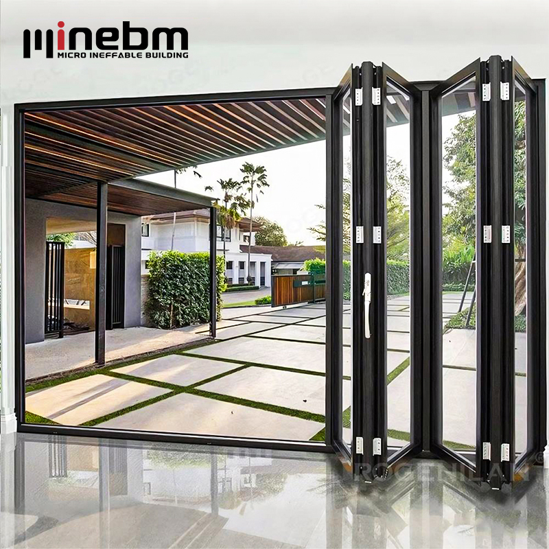 Modern Exterior Foldable Bi-Folding Glass Door with Aluminum Frame Waterproof Fiberglass Screen